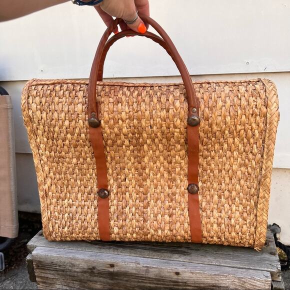 Vintage woven straw boho briefcase bag - Picture 2 of 8